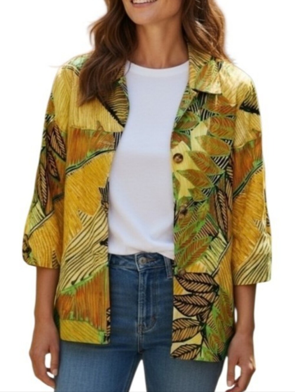 Chico's Yellow & Green Leaf-Print Button Jacket Size L
